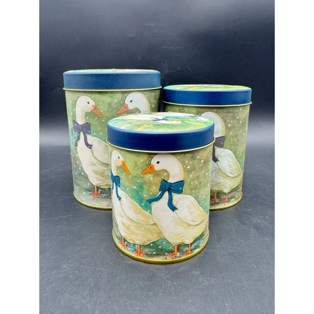 Set of 3 Goose Nesting Canisters Kitchen Storage Tins Blue Lids Farmhouse New